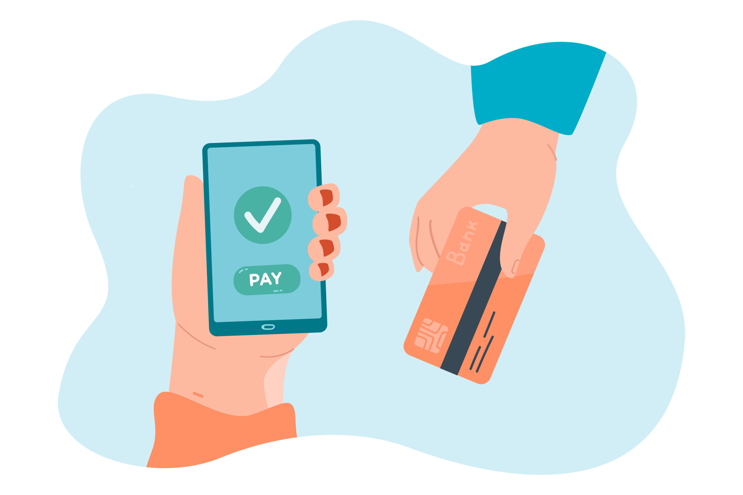 Hands holding credit card and mobile phone with banking app